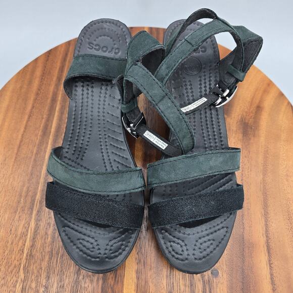 Crocs Sandals Women's 8 Black Leigh II Shimmer Ankle Strap Comfort Wedge Shoes - Picture 5 of 7